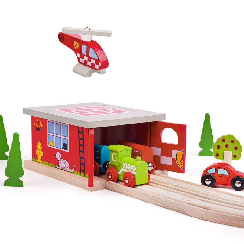 Bigjigs Rail Firestation Shed, Red - Image 1
